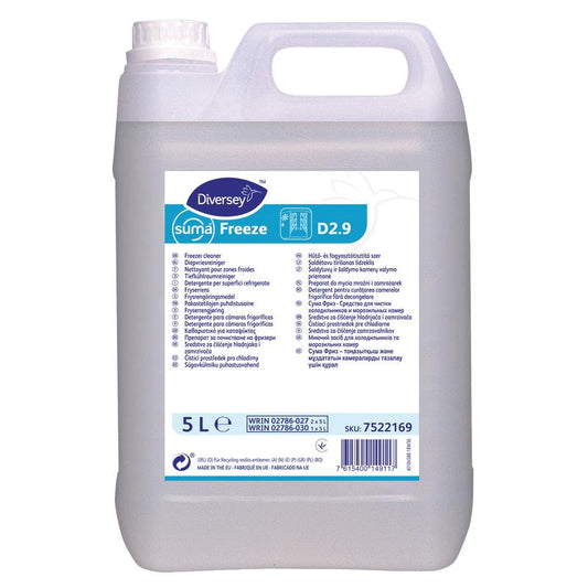 Ein 5-Liter-Kanister Suma Freeze D2.9 Tiefkühlraumreiniger der Diversey Deutschland GmbH & Co. OHG, der für die hygienische Reinigung von Gefrierschränken konzipiert ist, verfügt über einen Griff an der Oberseite und ein mehrsprachiges Produktetikett.