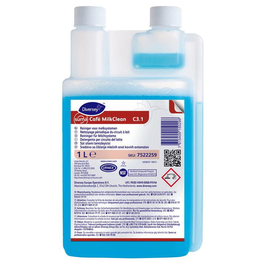Der 1L Suma Café MilkClean C3.1 Milchsystemreiniger von Diversey Deutschland GmbH & Co. OHG verfügt über eine blaue Flüssigkeit, eine Doppelhalsflasche, einen weißen Verschluss und ein mehrsprachiges Etikett mit Gebrauchs- und Sicherheitshinweisen für die Reinigung von Kaffeemaschinen.