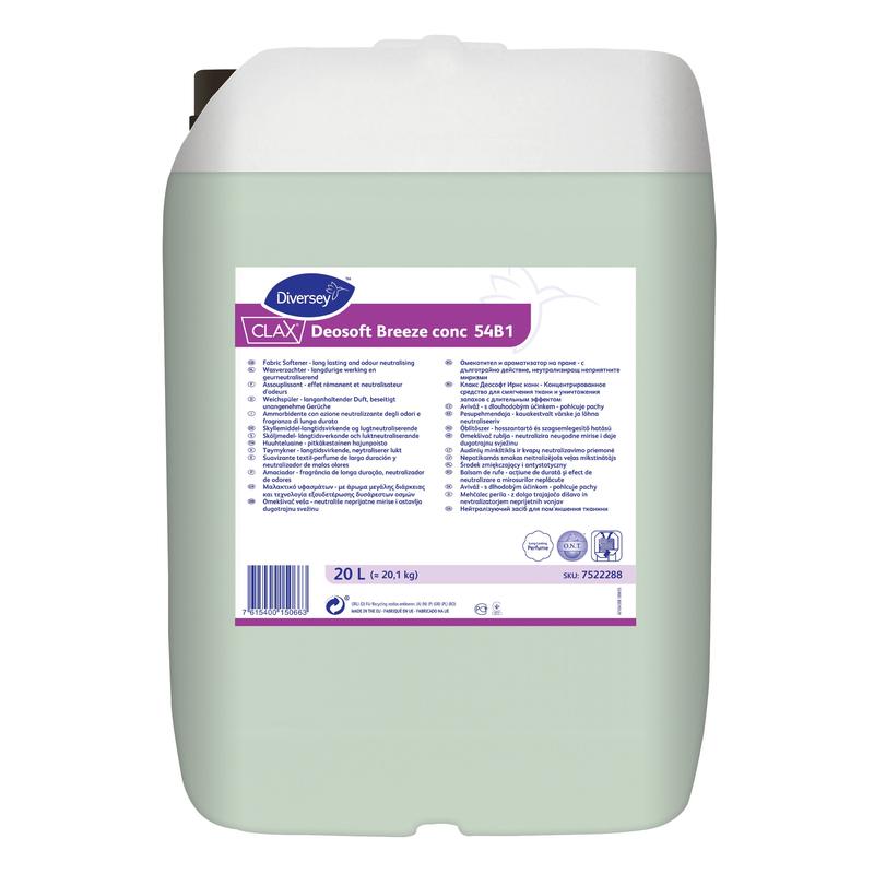 A 20-Liter Behälter Clax Deosoft Breeze conc 54B1 Konzentrierter Weichspüler von Diversey Deutschland GmbH & Co. OHG mit Produktinfos und Anweisungen mehrsprachig auf dem Frontetikett.