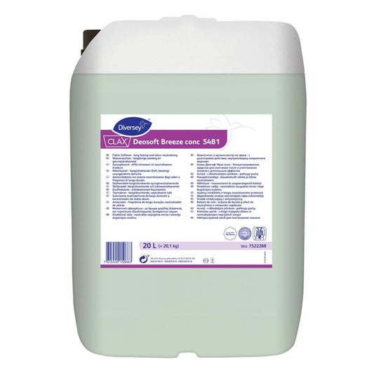 A 20-Liter Behälter Clax Deosoft Breeze conc 54B1 Konzentrierter Weichspüler von Diversey Deutschland GmbH & Co. OHG mit Produktinfos und Anweisungen mehrsprachig auf dem Frontetikett.