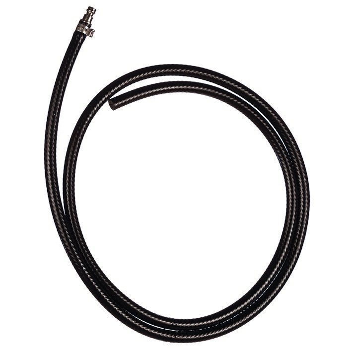 The TASKI procarpet drainage hose from Diversey Deutschland GmbH & Co. OHG, a flexible black hose with a metal connector for the TASKI procarpet 30 & 45 models (included in delivery), is ideal for carpet cleaning. Package: 1 piece.