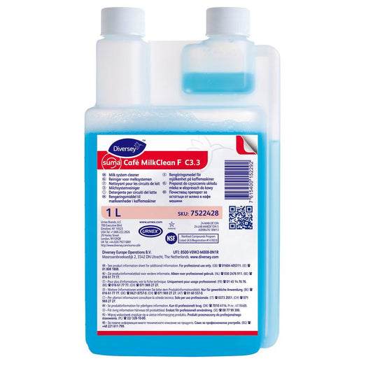 Eine 1-Liter-Flasche Suma Café MilkClean F C3.3 Milchsystemreiniger von Diversey Deutschland GmbH & Co. OHG, hat eine blaue Flüssigkeit, einen weißen Verschluss und ein rot-weiß-blaues Etikett mit Details, Anweisungen und Sicherheitshinweisen.