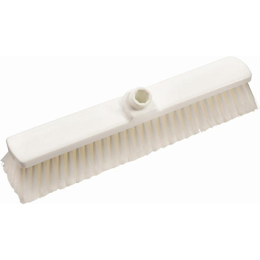 Der Bodenbesen, weiß, weich (400 x 60 x 50 mm) von Diversey Deutschland GmbH & Co. OHG verfügt über eine Gewindeöffnung für Stiele und liegt horizontal auf weißem Hintergrund. Packung: 1 Stück.