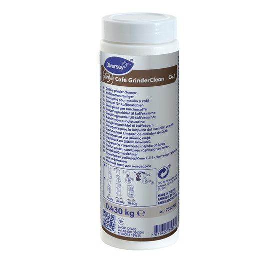 Ein weißer zylindrischer Behälter mit Diversey Suma Café GrinderClean C4.1 Kaffeemühlenreiniger (0,430 kg, 1 Dosis) von Diversey Deutschland GmbH & Co. OHG, zur Entfernung von Kaffeeöl, mit mehrsprachiger Anleitung auf dem Etikett.