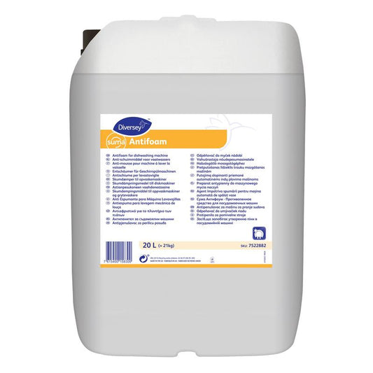 Ein weißer 20-Liter-Kunststoffkanister mit der Aufschrift "Suma Antifoam, Entschäumer für maschinelles Spülen" von Diversey Deutschland GmbH & Co. OHG mit mehrsprachiger Aufschrift auf einem blau/gelben Etikett, mit Griff und dunklem Deckel. Ideal für das maschinelle Spülen.