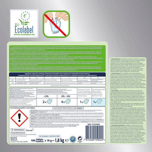 Das Etikett für SUN Professional All in One ECO Tabs Geschirrreinigertabs von Diversey Deutschland GmbH & Co. OHG zeigt das EU-Umweltzeichen und enthält Anweisungen, Zutatenliste und Sicherheitsinformationen in mehreren Sprachen. Es enthält eine Abbildung, die eine Hand zeigt, die einen ECO Tab in einen Behälter mit einem roten Verbotsschild legt.