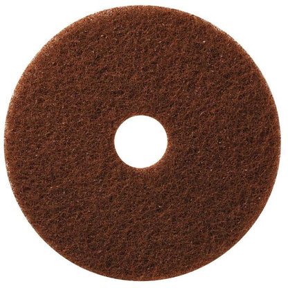 The TASKI Americo Pad Brown from Diversey Deutschland GmbH & Co. OHG is a round, brown floor cleaning pad with a rough texture and center hole, designed for aggressive cleaning and depicted on a white background.