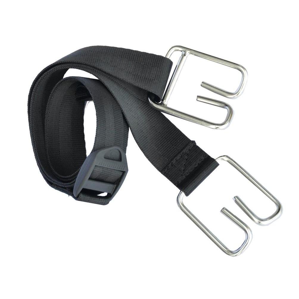 A black TASKI mop box shoulder strap made of nylon by Diversey Deutschland GmbH & Co. OHG, with metal hooks and plastic buckle, ideal for carrying mop boxes in hard-to-reach areas, depicted on a white background.