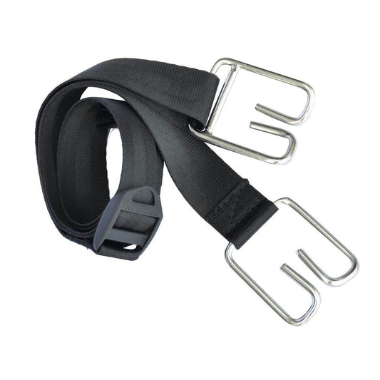 Eine schwarze TASKI Mopp-Box Schultergurt aus Nylon von Diversey Deutschland GmbH & Co. OHG, mit Metallhaken und Kunststoffschnalle, ideal zum Tragen von Mopp-Boxen in schwer zugänglichen Bereichen, abgebildet auf weißem Hintergrund.