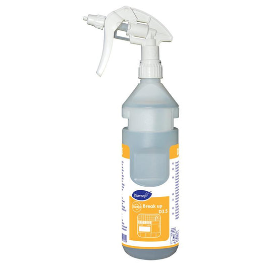 Die durchsichtige 0,75-Liter-Kunststoffsprühflasche von Diversey Deutschland ist für Suma Break-up etikettiert und als Nachfüllflasche für Divermite und Diverflow mit Sure Link™ System konzipiert. Sie verfügt über ein weiß-gelbes Etikett und eine weiße Sprühdüse.