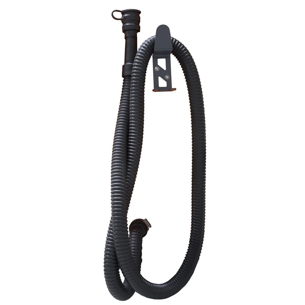 The black, flexible discharge hose (long) from Diversey Deutschland GmbH & Co. OHG has connections at both ends, is rolled up and attached to a wall clip, and is used for manual liquid dispensing. Package: 1 piece.