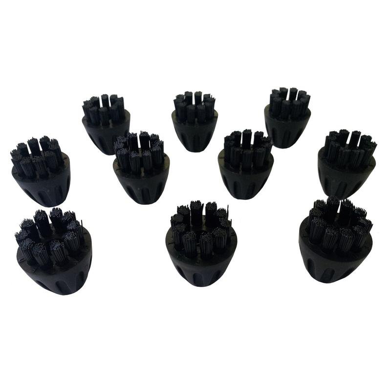 Ten identical black nylon brushes for the TASKI Steamer from Diversey Deutschland GmbH & Co. OHG (pack of 10 pieces) are scattered on a white background and have short, stiff bristles in tufts for improved cleaning performance.