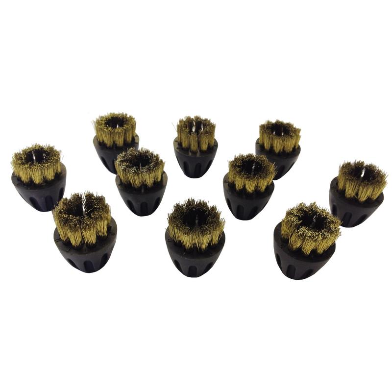 Eine Packung mit 10 Bronzebürsten für den TASKI Steamer (SV4-SDV8) von Diversey Deutschland GmbH & Co. OHG ist abgebildet und zeigt langlebige Messingbürsten mit schwarzen Kunststoffsockeln auf weißem Hintergrund.