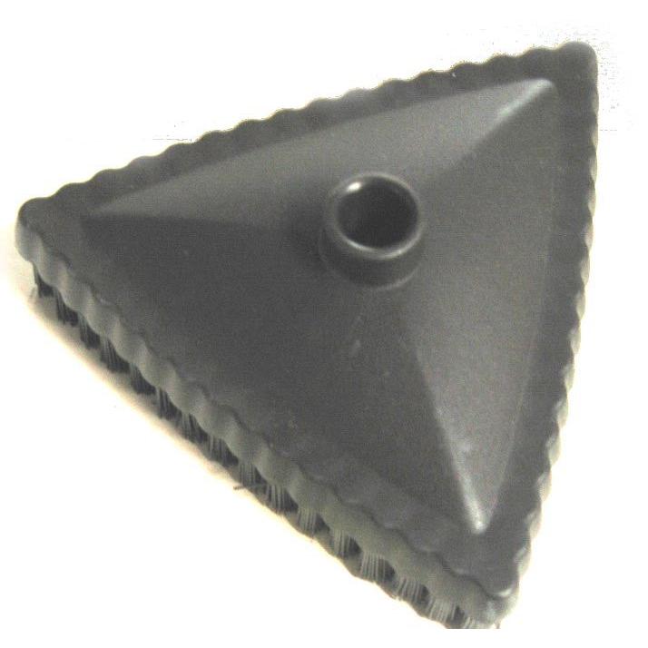 The triangular brush for the TASKI Steamer from Diversey Deutschland GmbH & Co. OHG features a central round opening, structured edges, and underside bristles for effective cleaning; suitable for mounting on the steam lance. The package contains 1 piece.