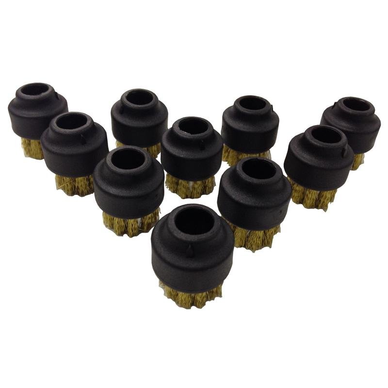 A bronze brush for TASKI SO4 (steam only) by Diversey Deutschland GmbH & Co. OHG for attaching to a steam nozzle, with a black plastic attachment, arranged in a triangular shape on a white background.