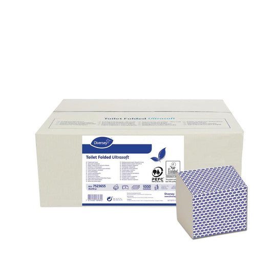 Eine große weiße Schachtel der Diversey Deutschland GmbH & Co. OHG Toilettenpapier "Folded" Ultrasoft, umweltzertifiziert, 2-lagig, weiße Einzelblätter (Packung mit 225 Blättern), mit blau-weiß gemustertem Rand auf jedem ultrasoften Blatt.