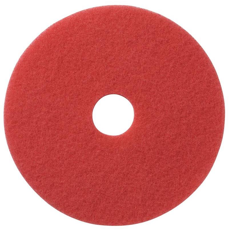 The TASKI Americo Pad Red Euro maintenance cleaning pad from Diversey Deutschland GmbH & Co. OHG is a flat, round, red pad with a central hole for efficient dirt removal, depicted on a white background.