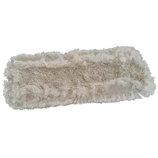Der TASKI Multi Mop Cut Fringe von Diversey Deutschland GmbH & Co. OHG ist ein rechteckiger, cremefarbener Mikrofasermoppkopf mit zotteligen Fransen an den Rändern und einer strukturierten Mitte, abgebildet auf weißem Hintergrund.