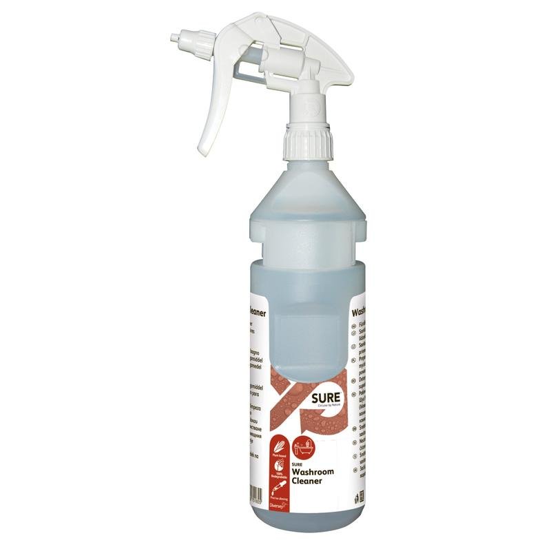 A 0.75L bottle kit SURE Washroom Cleaner refill bottle including dispenser tape from Diversey Germany, suitable for Divermite and DQFM systems, with plant-based ingredients and white-red label.