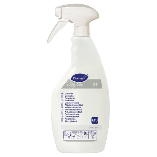 Eine 750 ml weiße Suma Calc Leerflasche von Diversey Deutschland GmbH & Co. OHG, etikettiert für Entkalker mit "RTU" und mehrsprachigem Text auf der Vorderseite; wird leer als Sprühflasche geliefert.