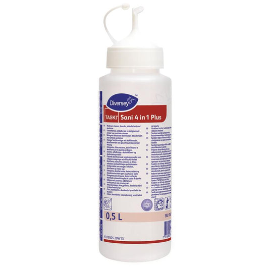 Eine 0,5L Dosierflasche TASKI Sani 4 in 1 Plus von Diversey Deutschland GmbH & Co. OHG mit einem geknickten Spritzkopf. Das Etikett ist mehrsprachig und mit blau/roten Akzenten versehen.