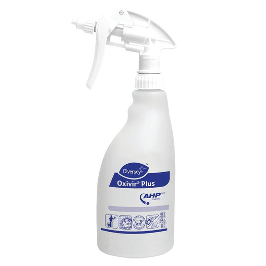 A 500ml Leerflasche für Oxivir Plus Jflex von Diversey Deutschland GmbH & Co. OHG, weiße Sprühflasche mit blauer Schrift und Symbolen, Abzugsdüse, zur einfachen Reinigung und Desinfektion von Oberflächen.