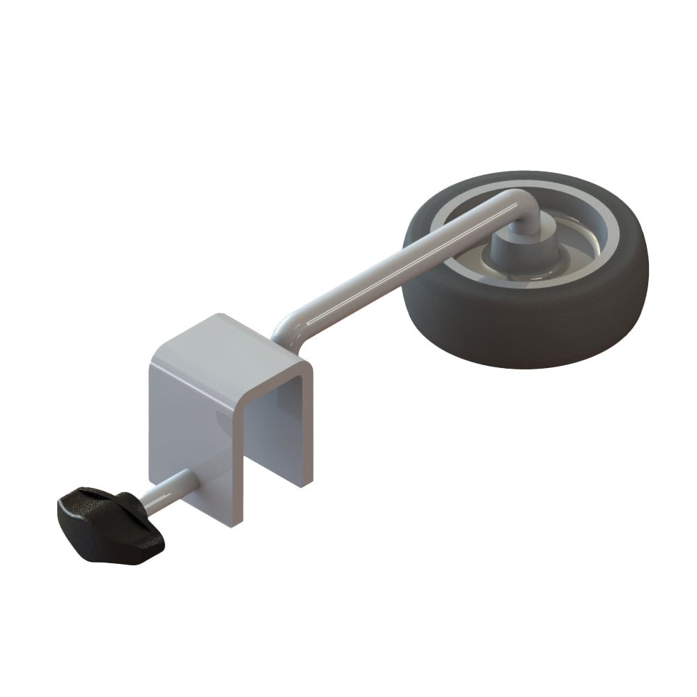 The TASKI wall protector with wheel from Diversey Deutschland GmbH & Co. OHG is a curved metal wheel with a black rubber tire and adjustable bracket - ideal as a wall or scratch protector (package: 1 piece).
