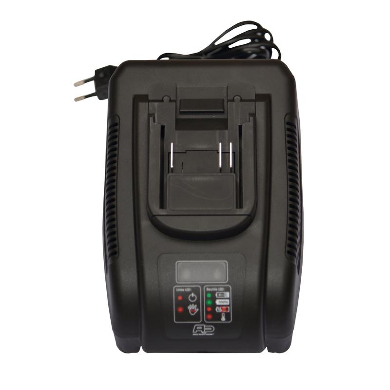 The TASKI battery charger set Euro (7524166) from Diversey Deutschland GmbH & Co. OHG, designed for lithium-ion batteries in cleaning machines, is shown from above with control lights and a two-pin plug on a white background.