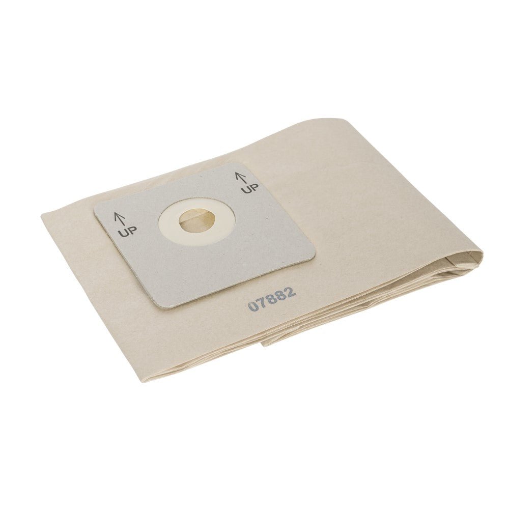 A folded beige TASKI go paper bag from Diversey Deutschland GmbH & Co. OHG, for TASKI go vacuum cleaners, has a cardboard collar with a round opening and "UP" arrows; number 07882 and environmentally friendly printed. Pack of 10 cartons.