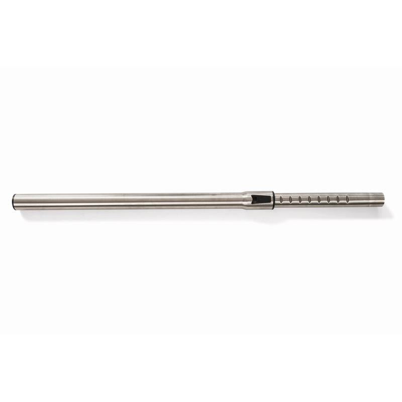 Ein wiederverwendbarer gerader Strohhalm aus Edelstahl mit gleichmäßig verteilten Kerben, die das präzise Design des TASKI AERO Teleskopsaugrohrs 32mm von Diversey Deutschland GmbH & Co. OHG, abgebildet auf weißem Hintergrund.