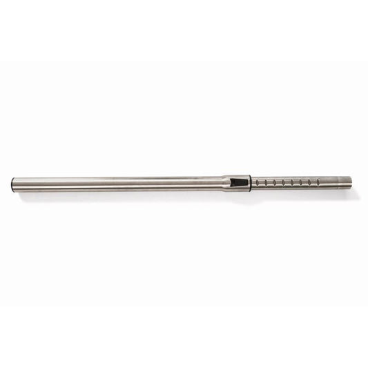 Ein wiederverwendbarer gerader Strohhalm aus Edelstahl mit gleichmäßig verteilten Kerben, die das präzise Design des TASKI AERO Teleskopsaugrohrs 32mm von Diversey Deutschland GmbH & Co. OHG, abgebildet auf weißem Hintergrund.