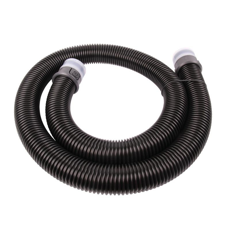 The TASKI AERO BP suction hose 1.5m from Diversey Deutschland GmbH & Co. OHG features a black coil with two gray connections, designed for use with the TASKI Aero BP vacuum cleaner. One piece per package, pictured on a white background.