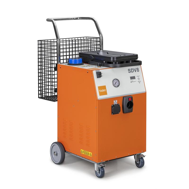 Der TASKI Steam SDV8 Dampfreiniger von Diversey Deutschland GmbH & Co. OHG verfügt über 8 bar Dampfdruck, integrierte Absaugung, Reinigungsmittel-Aufsatz, Steuerpanel mit Schaltern und Manometer sowie Rollen und Metallkorb. Packung: 1 Stück.