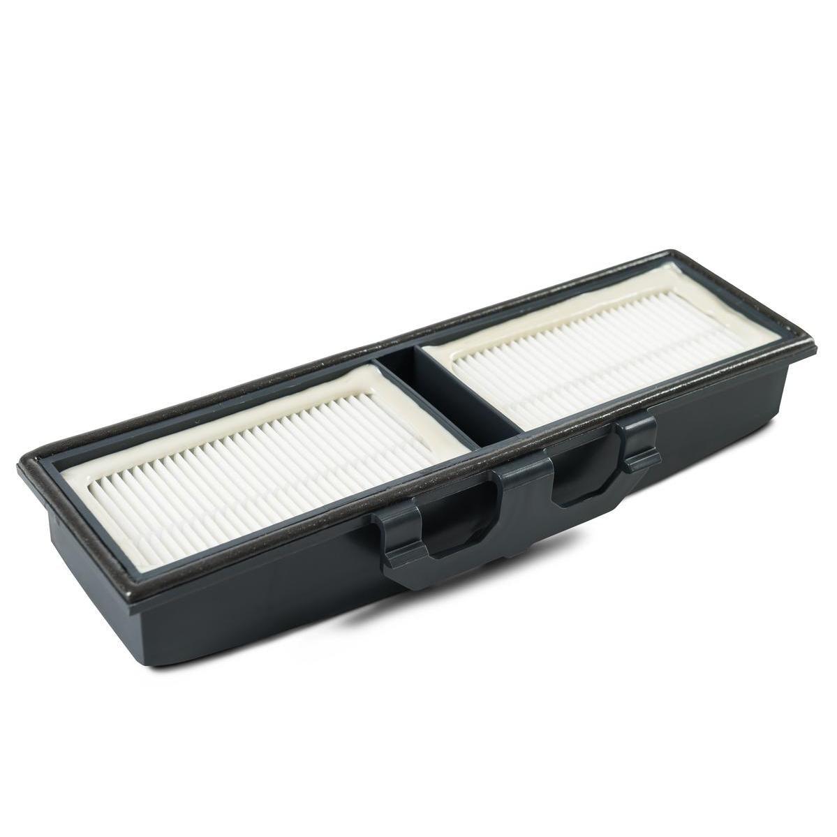 The TASKI AERO 8/15 HEPA microfilter H13 from Diversey Deutschland GmbH & Co. OHG is a rectangular cartridge with two white pleated filters in a black frame with front handles, class H13, for TASKI Aero vacuum cleaners - ideal for allergy sufferers.