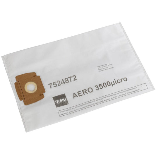 Ein weißer Vlies-Staubsack AERO 3500 der Diversey Deutschland GmbH & Co. OHG, mit Pappkragen und linksseitiger runder Öffnung; beschriftet mit "AERO 3500" und "7524872". Produktinformation auf der rechten Seite. Verkauft in Kartons mit 10 Packungen.