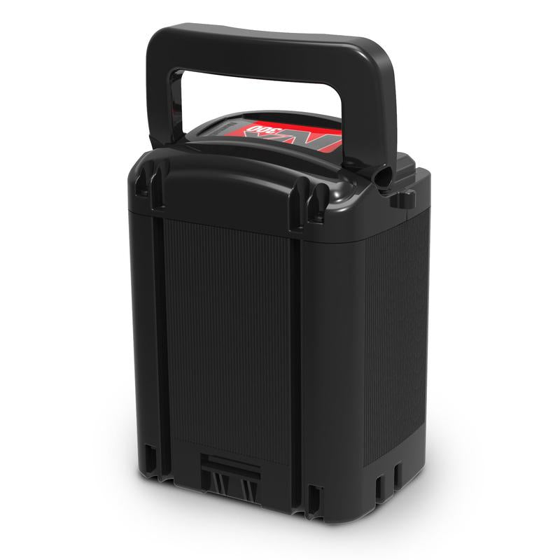 A black NX battery (1 piece) from Diversey Deutschland GmbH & Co. OHG, with a textured surface and carrying handle, for TASKI swingo 250µicro (2 batteries included), depicted on a white background.