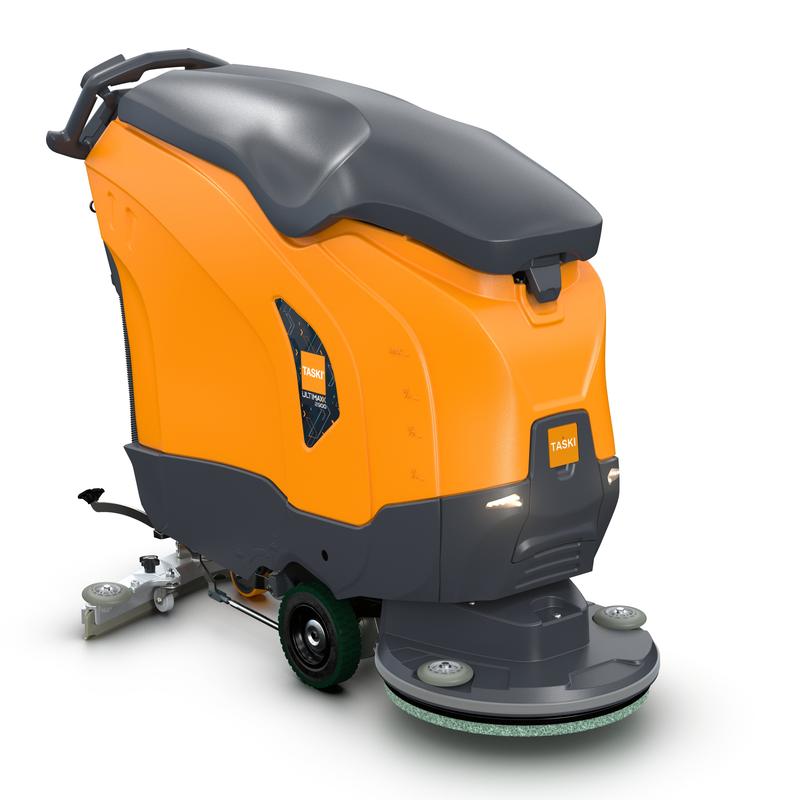The TASKI ULTIMAXX 2900 SD50 from Diversey Germany is a next-generation scrubber dryer with wheel drive, 63L tank, control handles, and a 50cm single disc. Its orange/gray design features two wheels and a robust front scrubber.