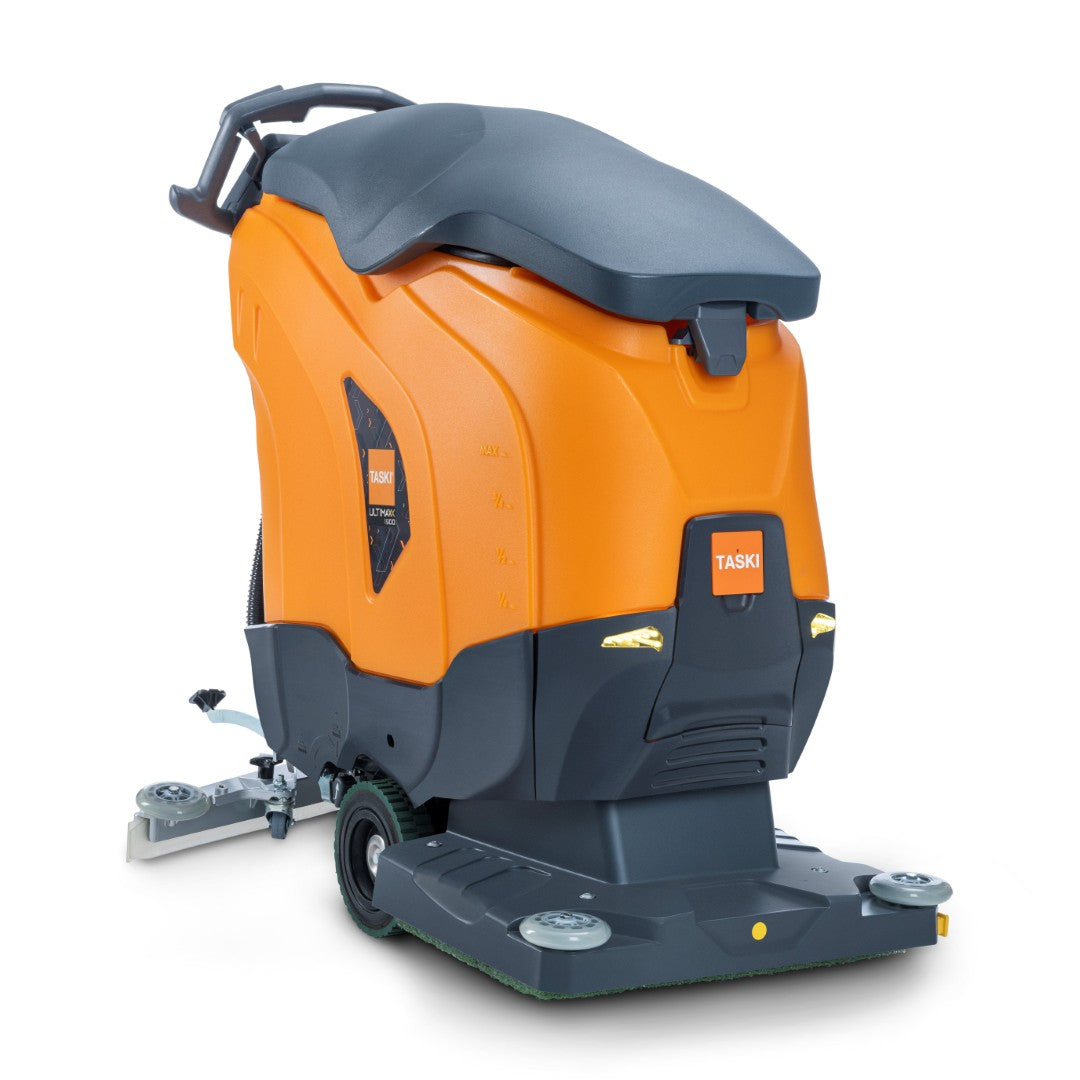 The Diversey TASKI ULTIMAXX 1900 OB50 Performance BMS 40A EBU is an orange, black ride-on scrubber dryer with wheels, handle, 43-liter tank, and 50-cm orbital deck - ideal for commercial or large-area cleaning.