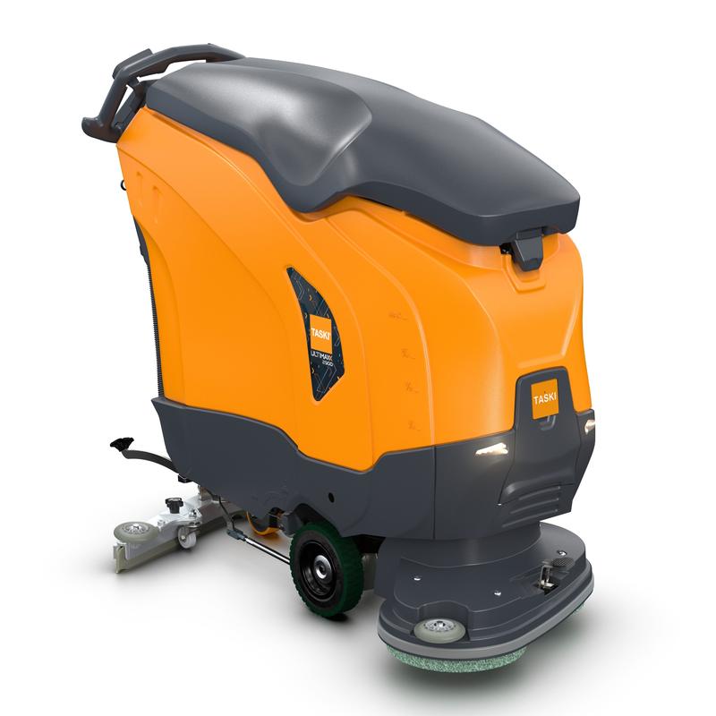 Die TASKI ULTIMAXX 2900 DD55 Performance von Diversey Deutschland ist eine industrielle Scheuersaugmaschine der nächsten Generation mit orange-grauem Design, Rädern, Handgriff, 63L Tank und 55cm Doppelscheibenbürsten für effiziente Reinigung.