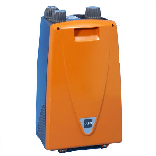 Der TASKI ERGODISC FLEXX Schaumerzeuger 36V von Diversey Deutschland GmbH & Co. OHG ist ein aufrechtes, orange-blaues, rechteckiges Reinigungsmaschinenbauteil mit zwei grauen Zifferblättern, einem vorderen Griff und einem kleinen TASKI-Logo am Sockel.