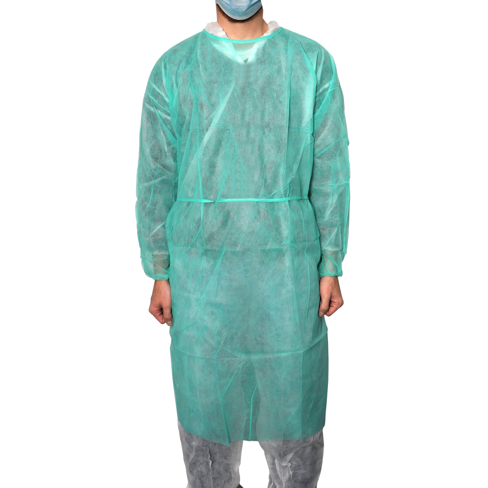 MaiMed-Coat Protect, protective gown made of fleece, green non-sterile, elastic sleeve cuffs, length 120cm, 10 pieces | Pack (10 pieces)