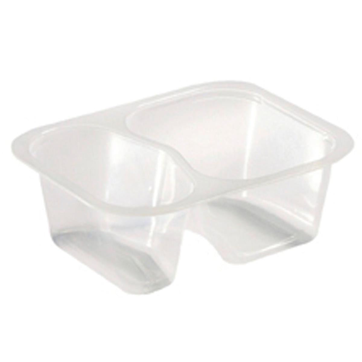 Das PP-Schälchen 2 Transparent PP 138x114x53 der Duni GmbH ist ein klarer, zweigeteilter Lebensmittelbehälter, der sich ideal zum Trennen von Snacks oder Lebensmitteln eignet. Erhältlich in Packungen mit 480 Stück.