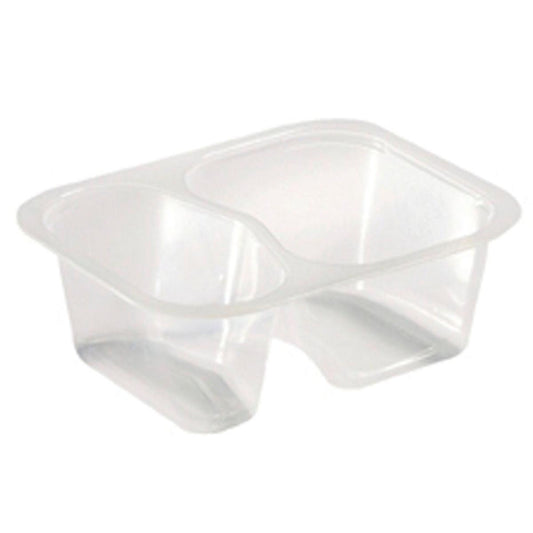 Das PP-Schälchen 2 Transparent PP 138x114x53 der Duni GmbH ist ein klarer, zweigeteilter Lebensmittelbehälter, der sich ideal zum Trennen von Snacks oder Lebensmitteln eignet. Erhältlich in Packungen mit 480 Stück.