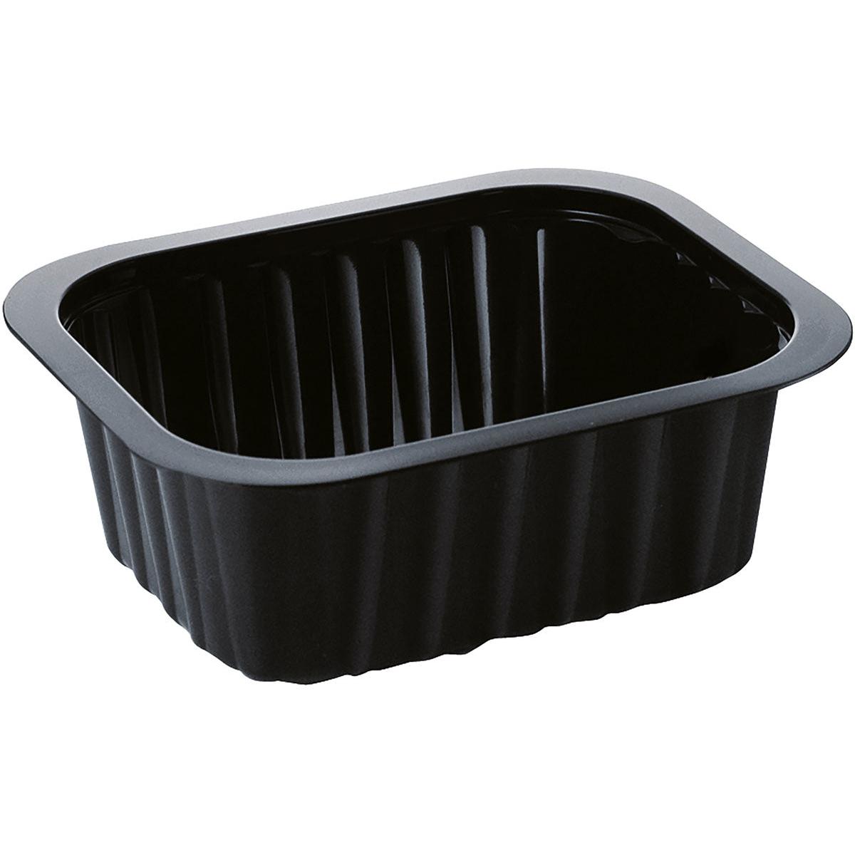 Das PP-Schälchen Schwarz PP 138x114 der Duni GmbH ist ein schwarzes, rechteckiges Speisetablett mit gerippten Seiten und einem leicht erhöhten Rand, abgebildet auf weißem Hintergrund.