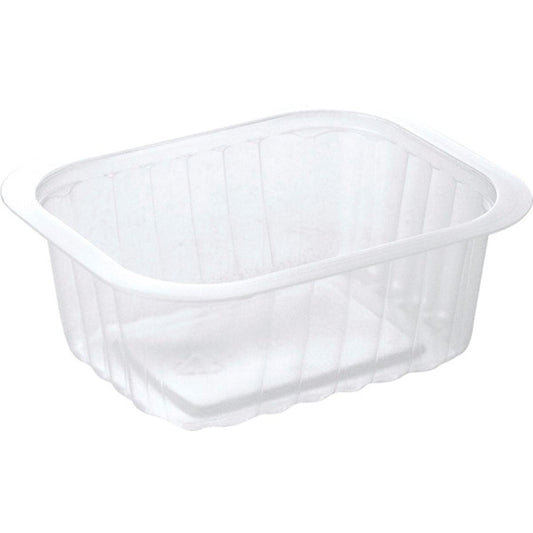 Das PP-Schälchen Transparent PP 138x114 der Duni GmbH ist ein klarer, rechteckiger Lebensmittelbehälter mit leicht geriffelten Seiten und einem breiten, flachen Rand, dargestellt auf weißem Hintergrund.