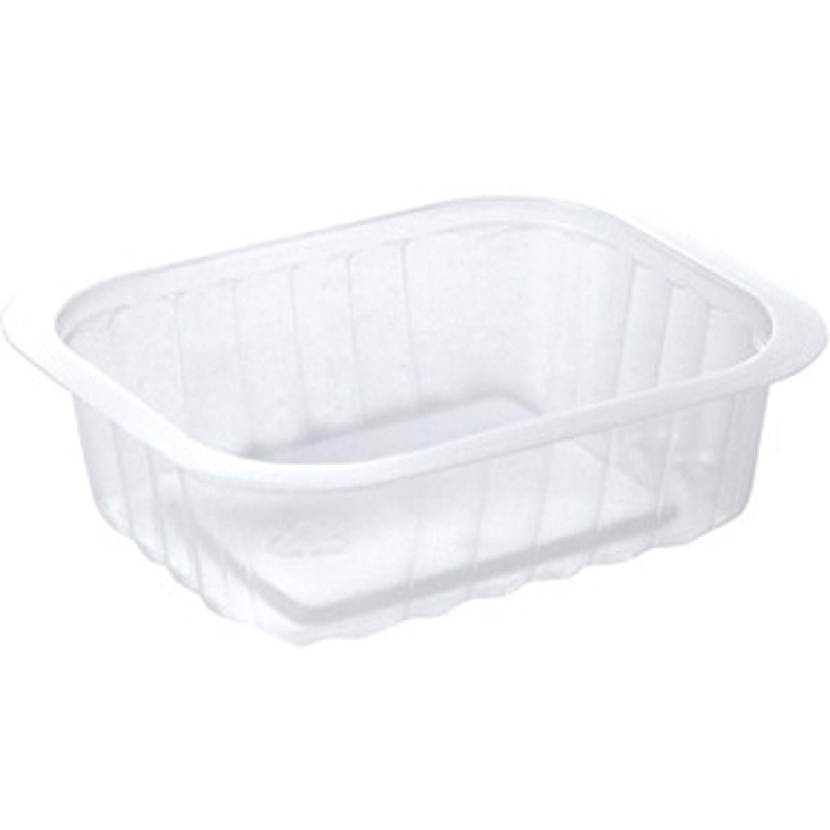 Das Duni GmbH PP-Schälchen Transparent PP 138x114 ist ein klarer, rechteckiger Lebensmittelbehälter mit leicht abgerundeten Ecken und gerippten Seiten, leer auf weißem Hintergrund dargestellt.