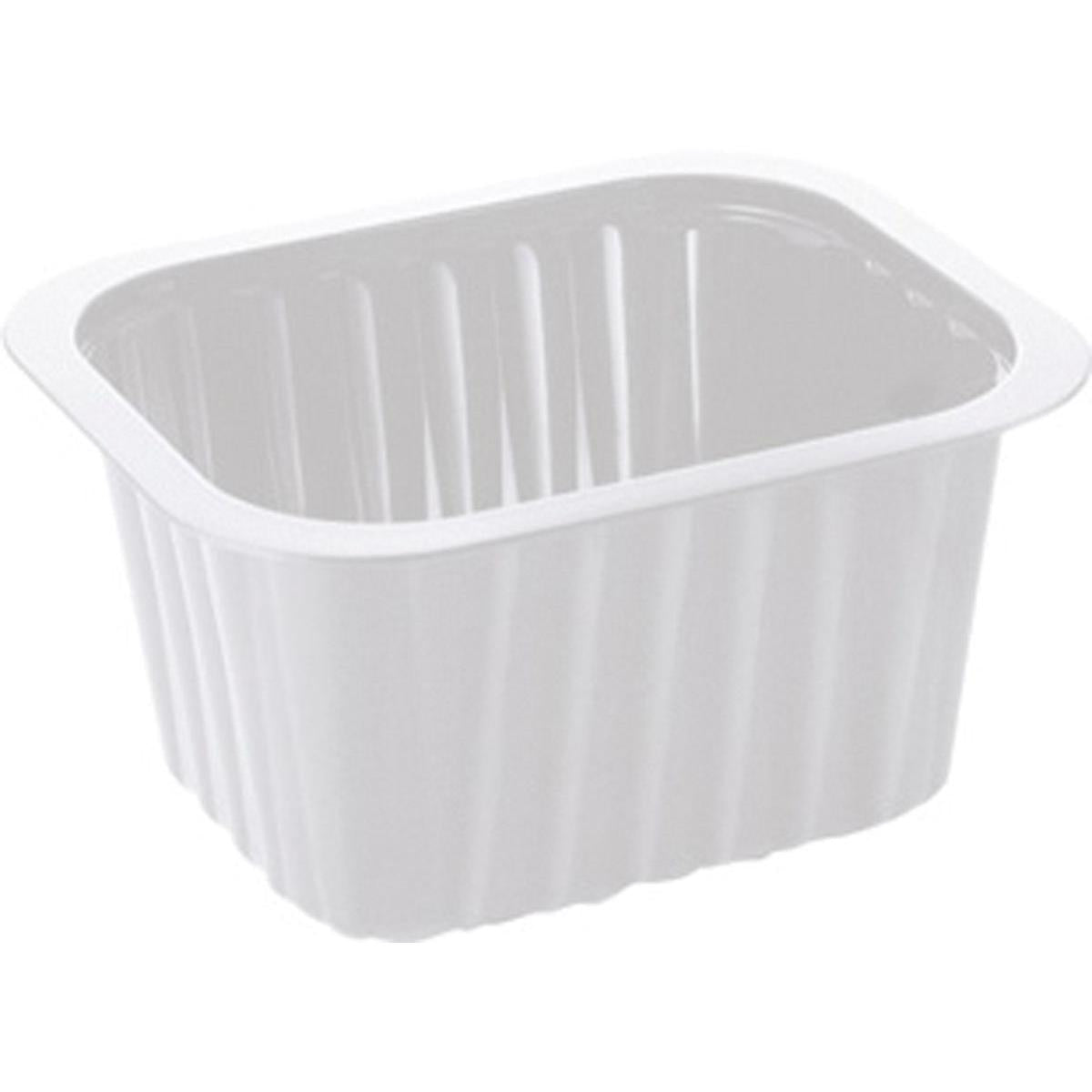 Das PP-Schälchen Weiß PP 138x114 der Duni GmbH ist ein weißer, rechteckiger Behälter mit gerippten Seiten und breitem Rand, ideal als Verpackungslösung für die Gastronomie.