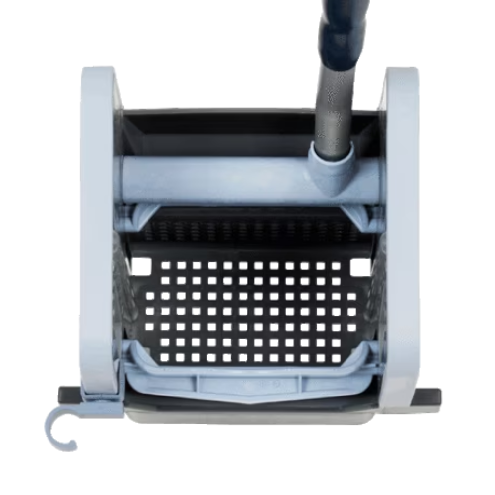 Top view of a gray polypropylene mop bucket, equipped with a wringer attachment and a black perforated platform. The Vileda GmbH Professional Vertical Press with dimensions 23x23x32 cm features an extendable handle and a small hook on the side of the bucket.