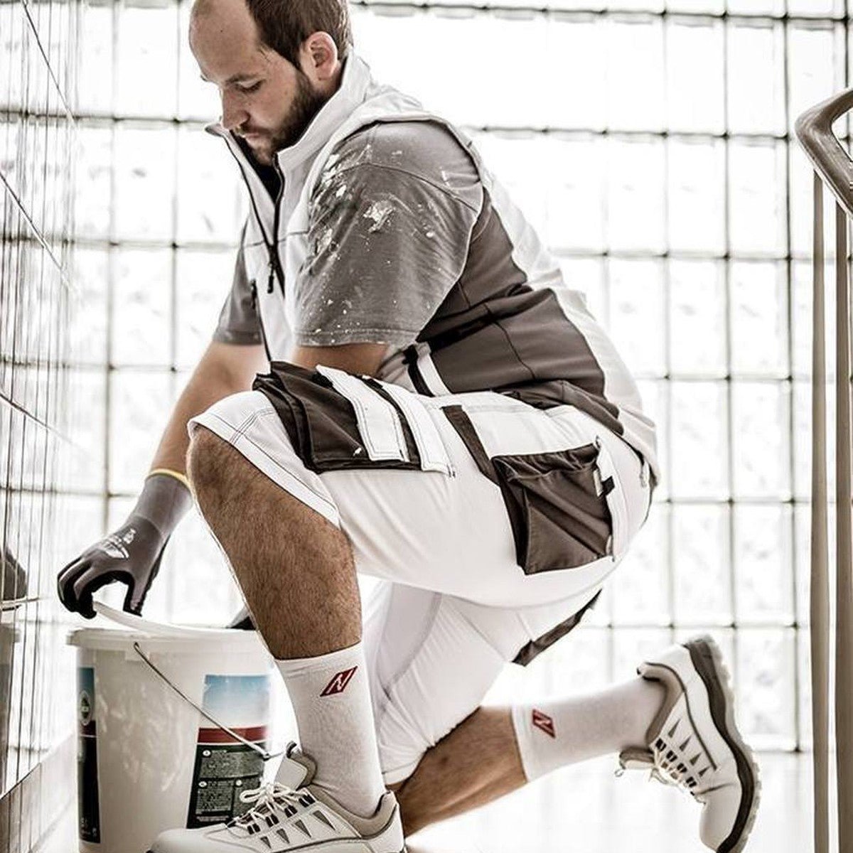NITRAS MOTION TEX PLUS, work trousers, short, white / grey