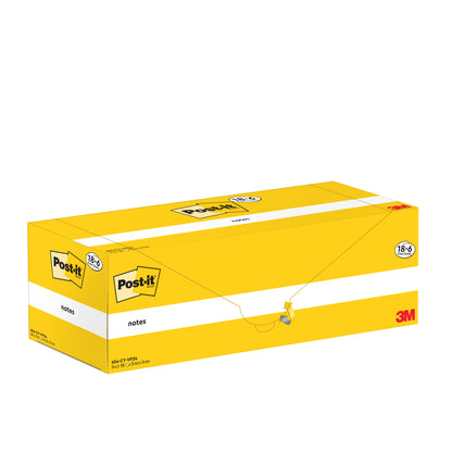 A sealed, yellow, rectangular box with Post-it® Notes (76 mm x 76 mm, 100 sheets per block, 100% PEFC) from 3M Deutschland GmbH is equipped with branding and product information on the sides and designed for storing multiple sticky note blocks.
